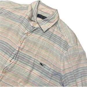 Vineyard Vines Mens Linen Shirt Pink Stripes‎ Button Front Casual Size Large